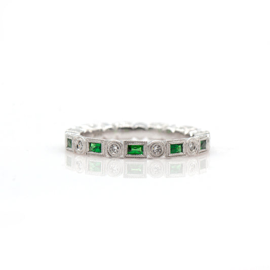 14K White Gold Engraved Tsavorite & Diamond Ring