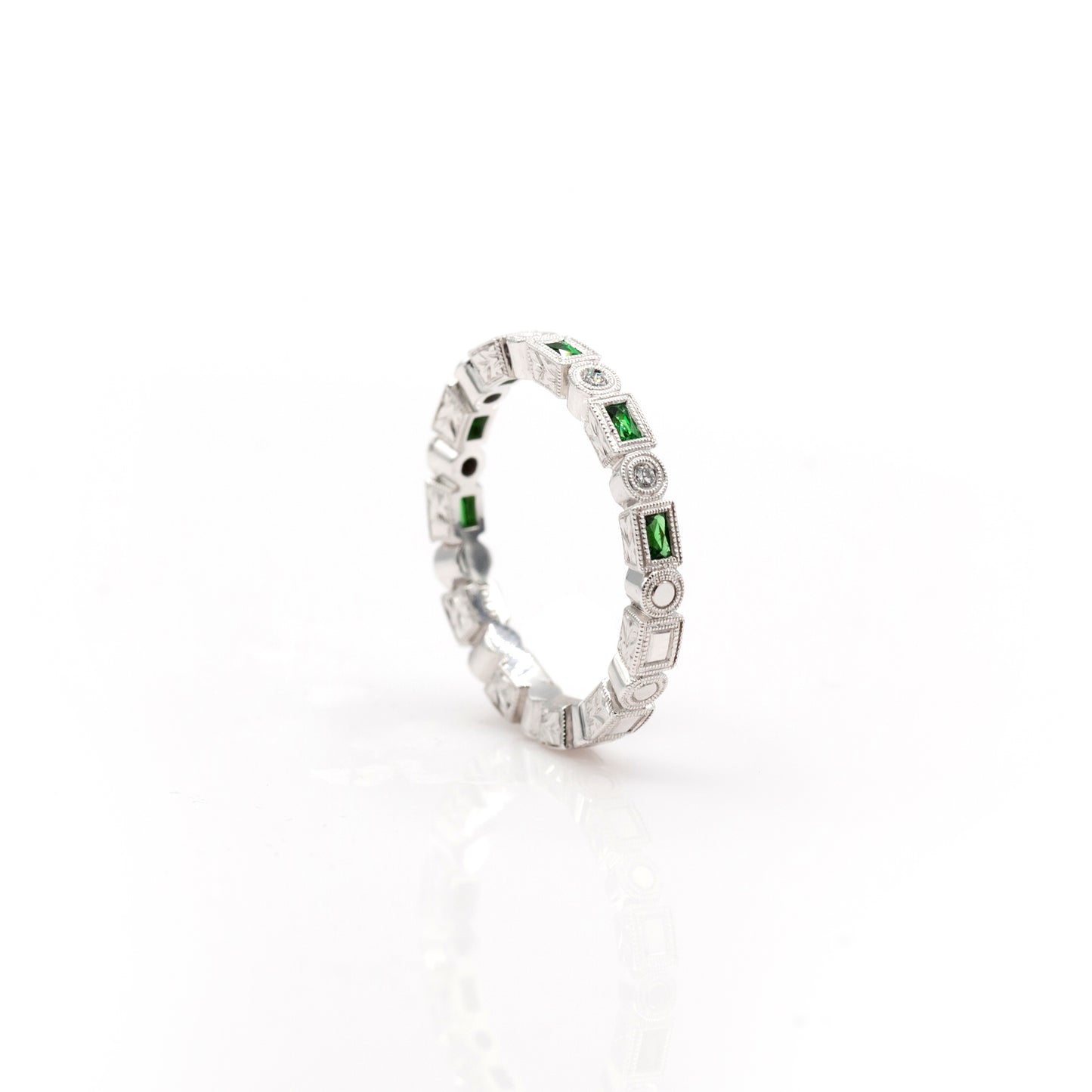 14K White Gold Engraved Tsavorite & Diamond Ring