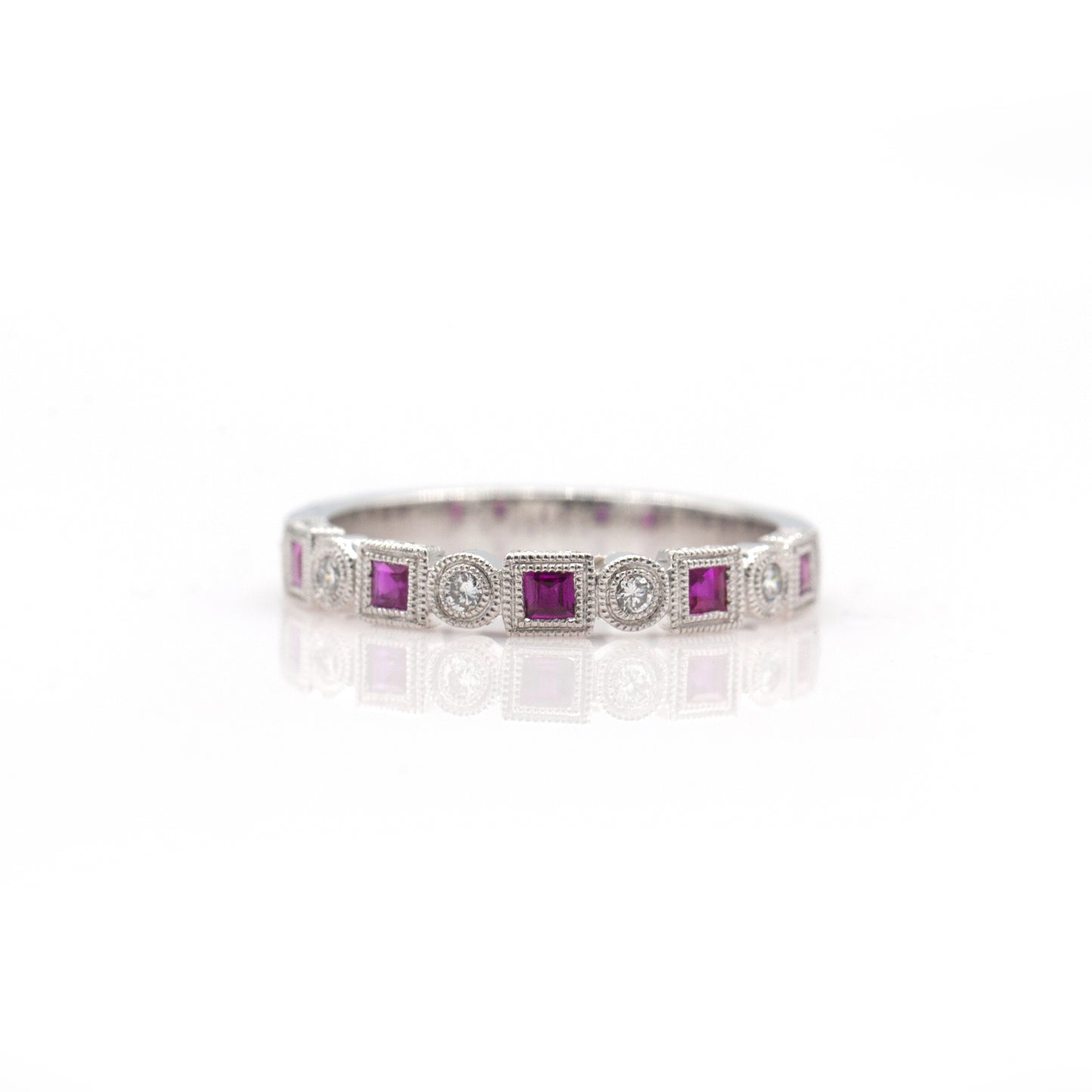 14K White Gold Engraved Ruby & Diamond Ring