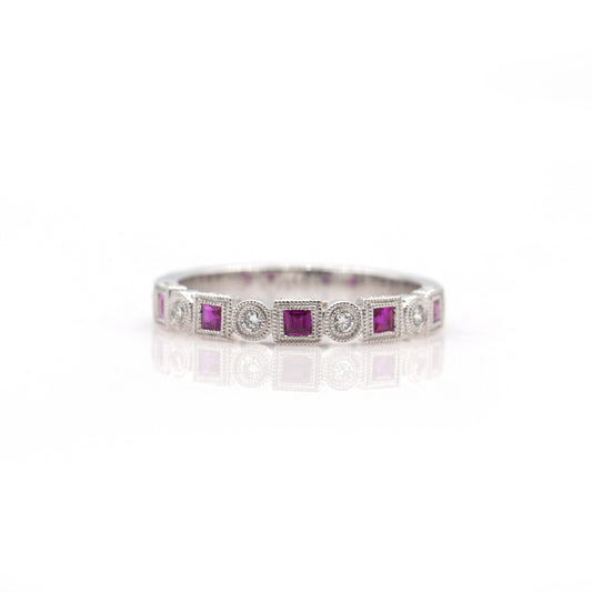 14K White Gold Engraved Ruby & Diamond Ring