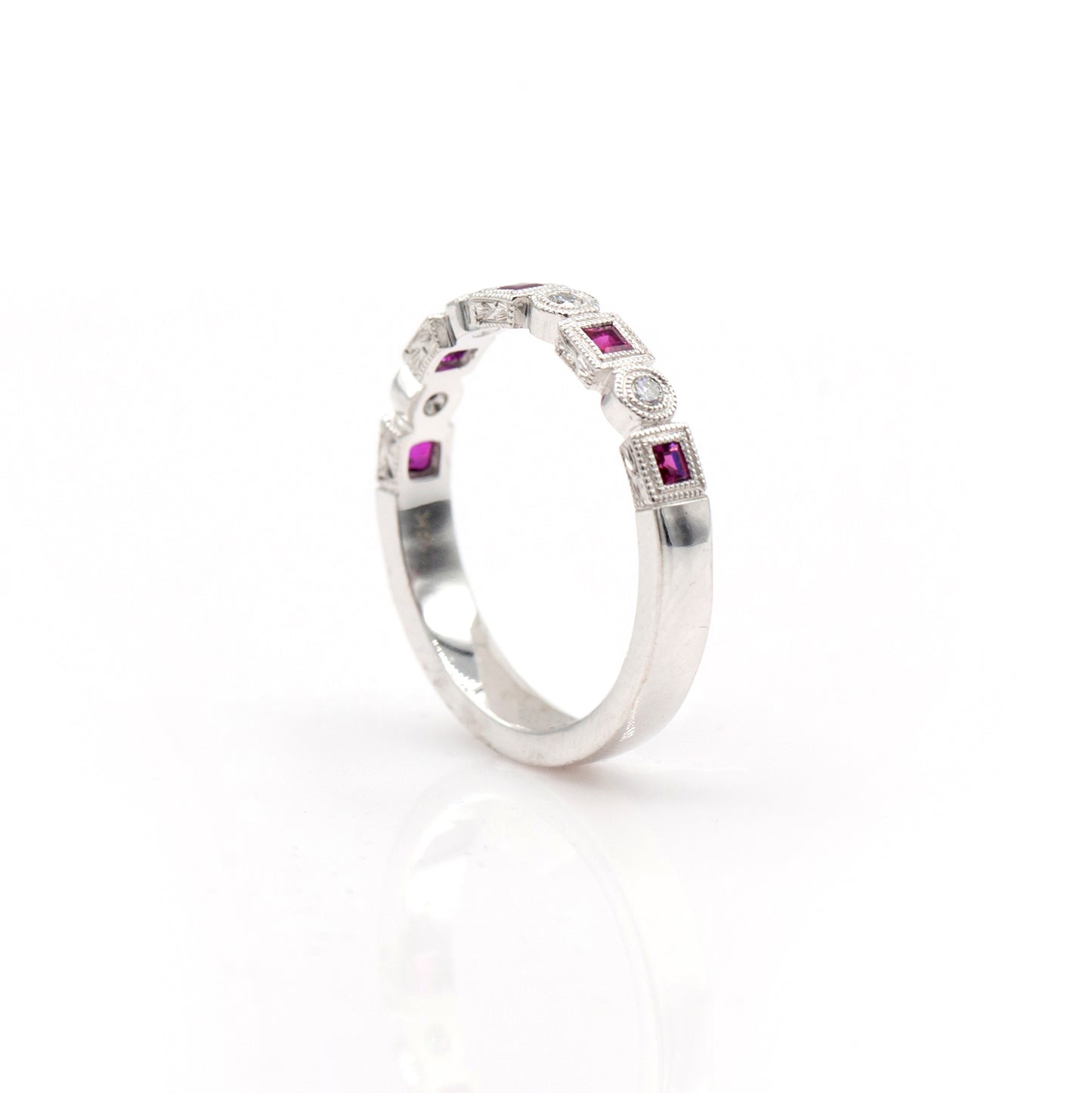 14K White Gold Engraved Ruby & Diamond Ring