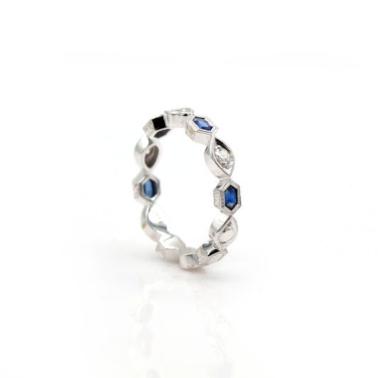 14K White Gold Engraved Sapphire & Diamond Ring