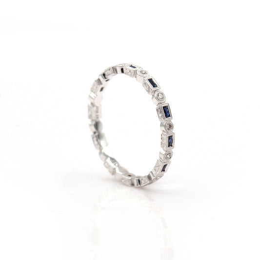 14K White Gold Engraved Sapphire & Diamond Ring