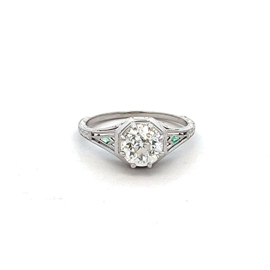 14K White Gold Emerald & Moissanite Vintage-Style Engagement Ring