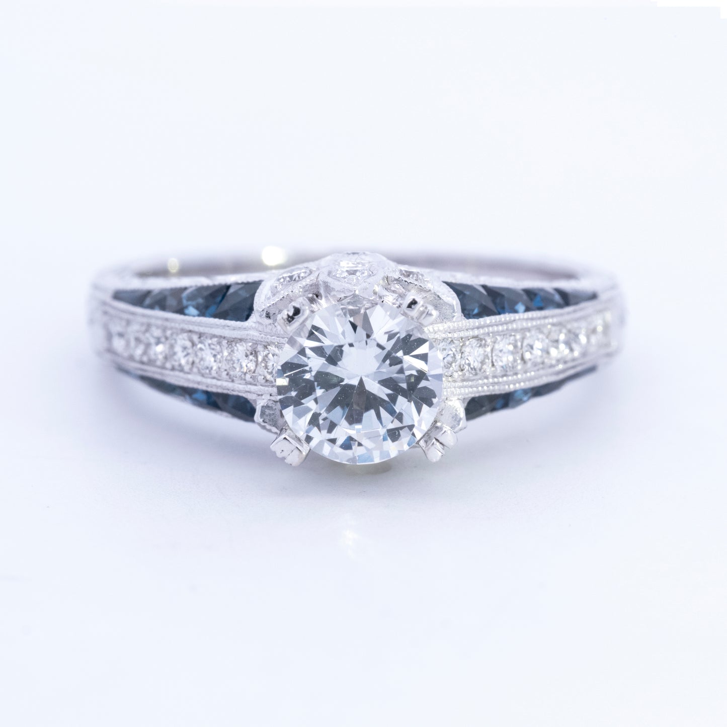 14K White Gold Diamond & Sapphire Vintage-Style Engagement Ring