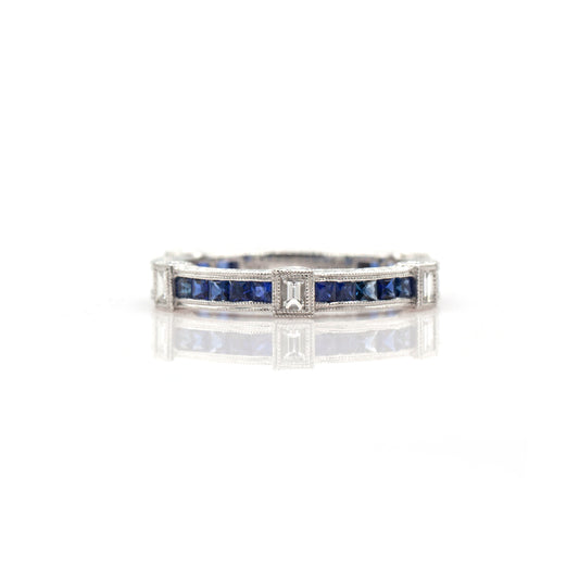 14K White Gold Engraved Sapphire & Diamond Ring