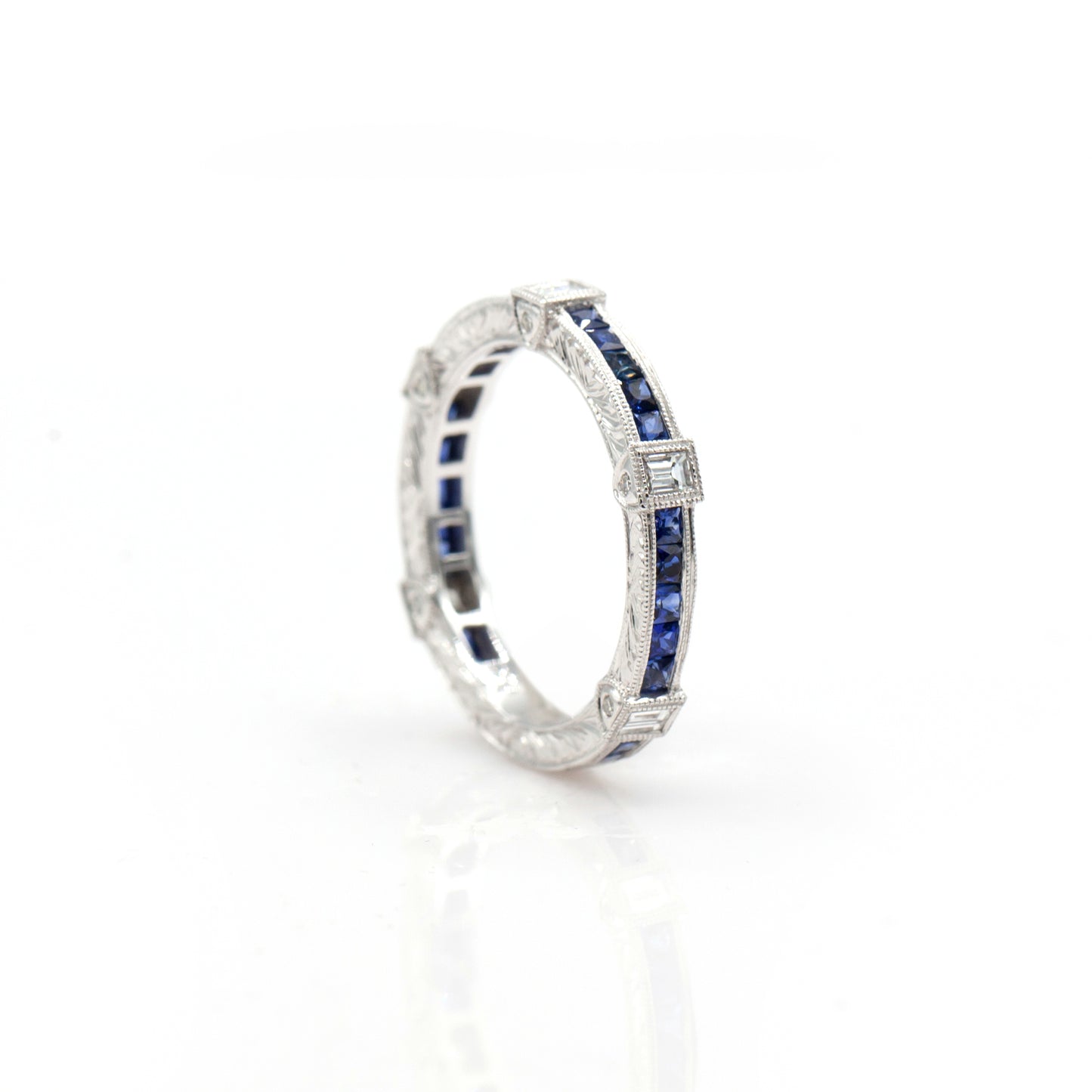 14K White Gold Engraved Sapphire & Diamond Ring