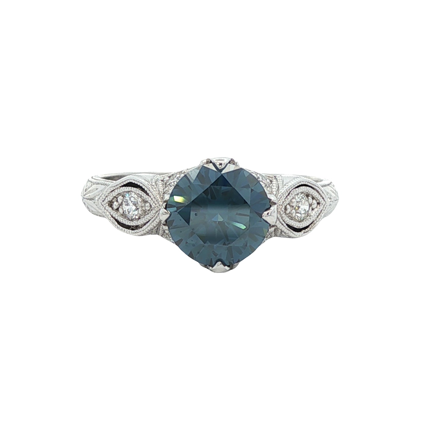 18K White Gold 7mm Blue Moissanite & Diamond Engagement Ring