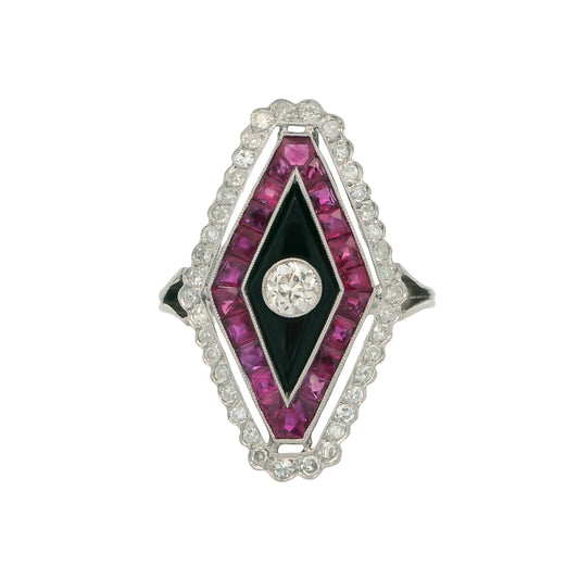 Platinum Art Deco Style Diamond, Ruby & Onyx Ring