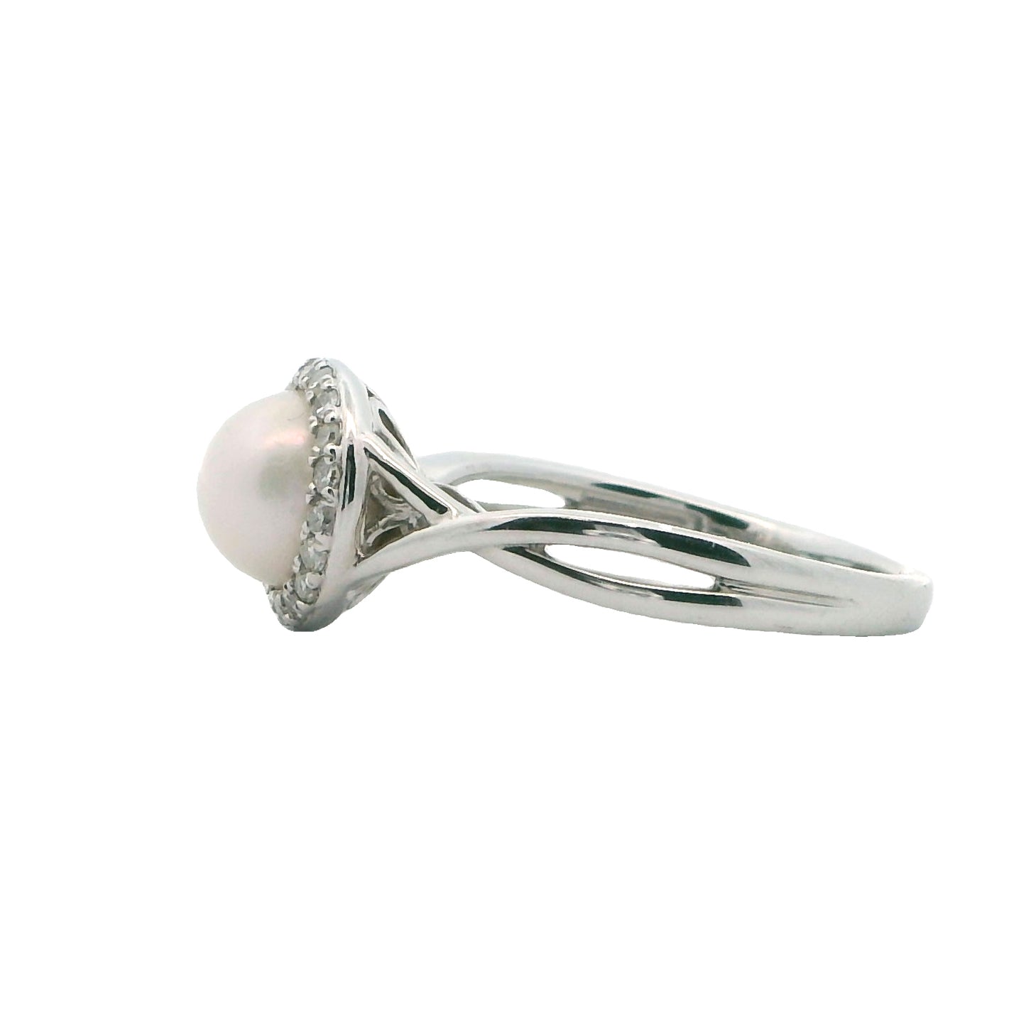 14k White Gold Pearl & Diamond Halo Ring