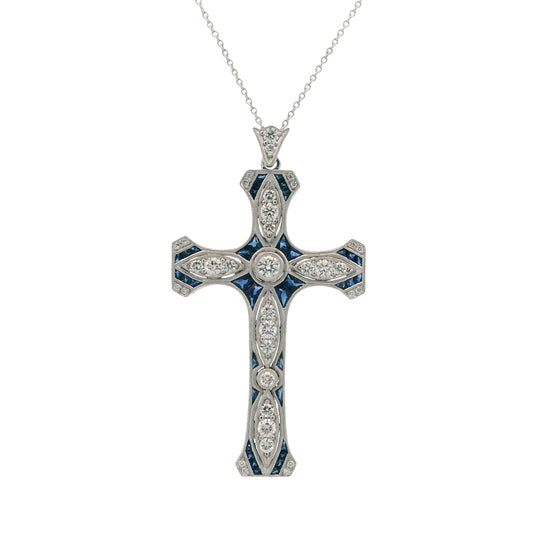 14K White Gold Art Deco Inspired Diamond & Sapphire Cross