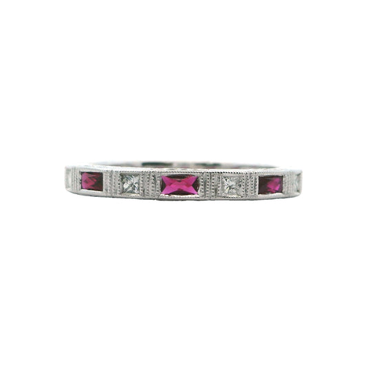 14K White Gold Engraved Ruby & Diamond Ring