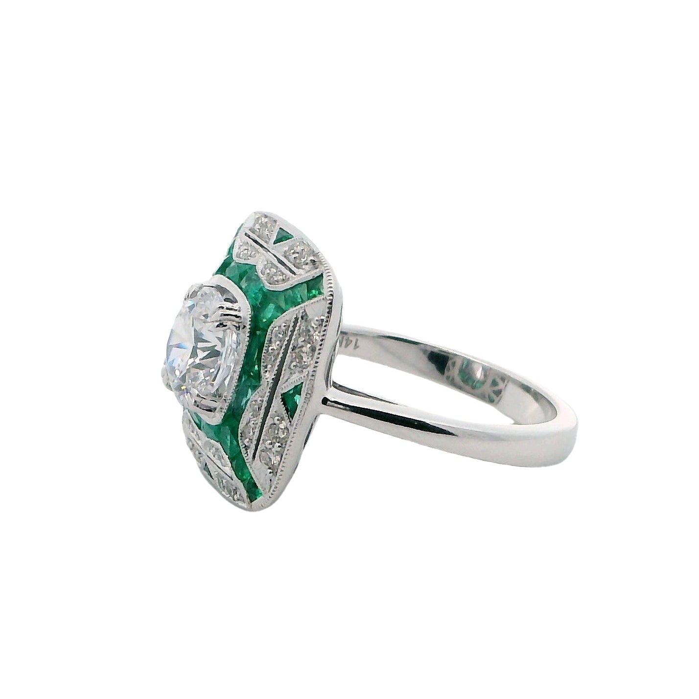 14K Gold Art Deco Diamond & Emerald Semi-Mount Ring