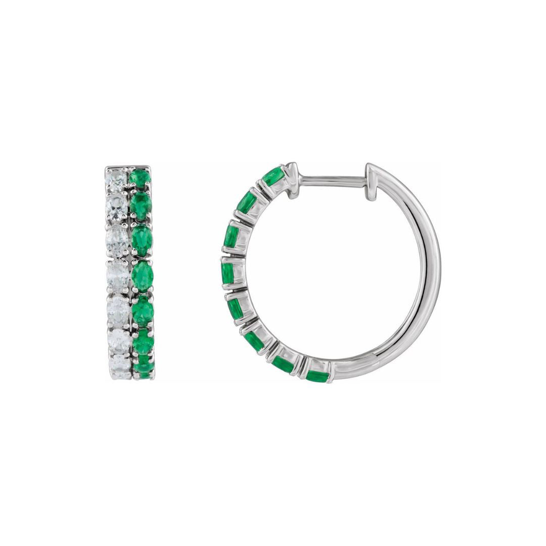 14K White Gold Lab-Created Diamond and Emerald Hoops