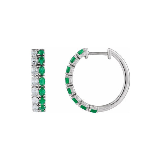 14K White Gold Lab-Created Diamond and Emerald Hoops