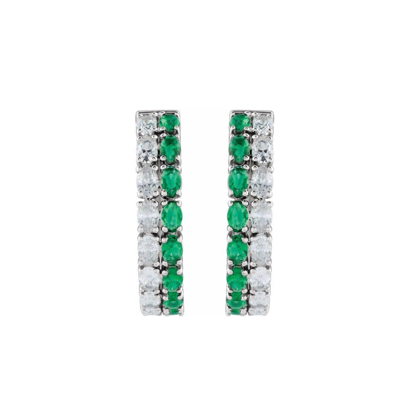 14K White Gold Lab-Created Diamond and Emerald Hoops