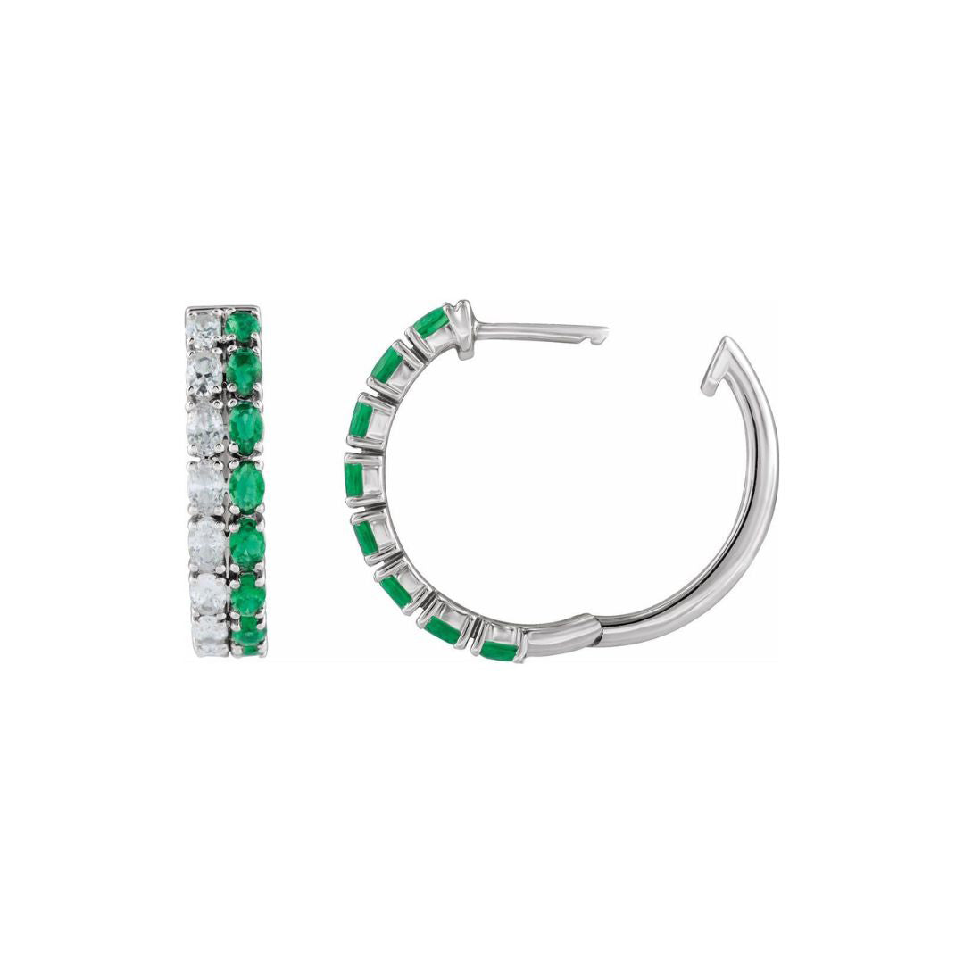 14K White Gold Lab-Created Diamond and Emerald Hoops