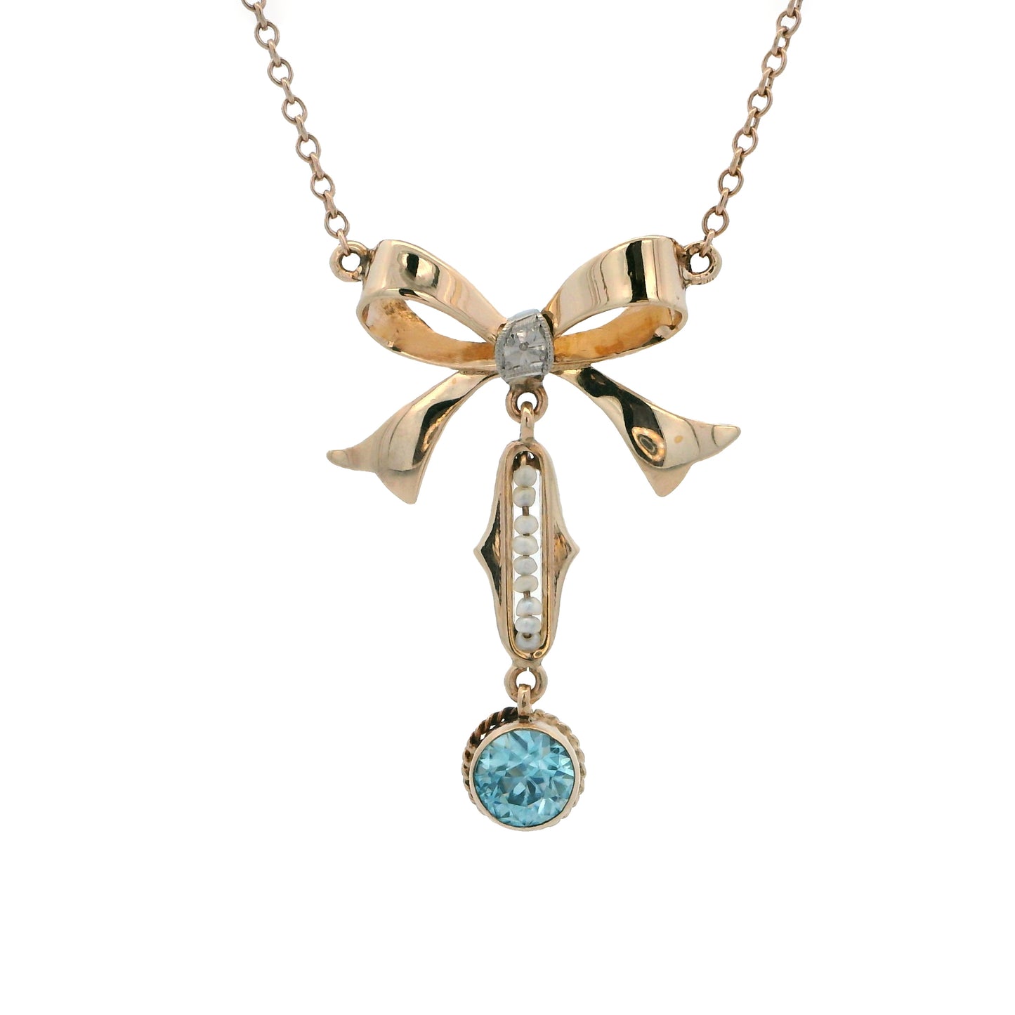 Estate Collection Retro Blue Zircon & Pearl Bow Pendant