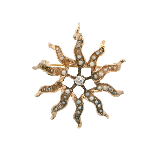 Estate Collection Edwardian Diamond & Seed Pearl Starburst Brooch/Pendant
