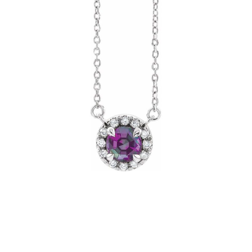 14K White Gold Petite Natural Alexandrite & Diamond Halo Necklace
