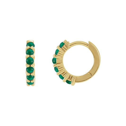 14K Yellow Gold Petite Natural Emerald Hoop Earrings
