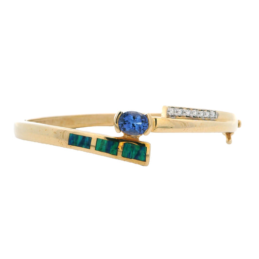 Estate Collection 14K Yellow Gold Diamond, Opal & Tanzanite Hinged Bangle