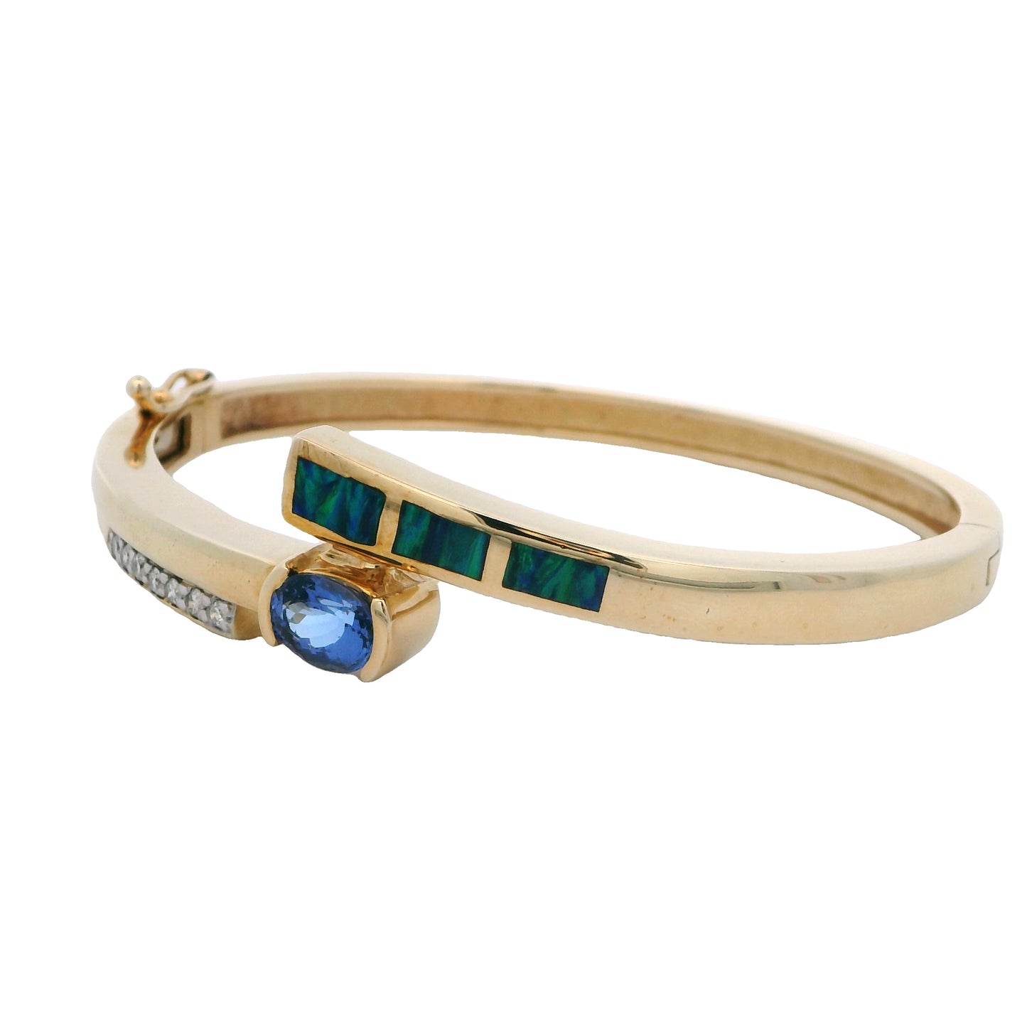 Estate Collection 14K Yellow Gold Diamond, Opal & Tanzanite Hinged Bangle