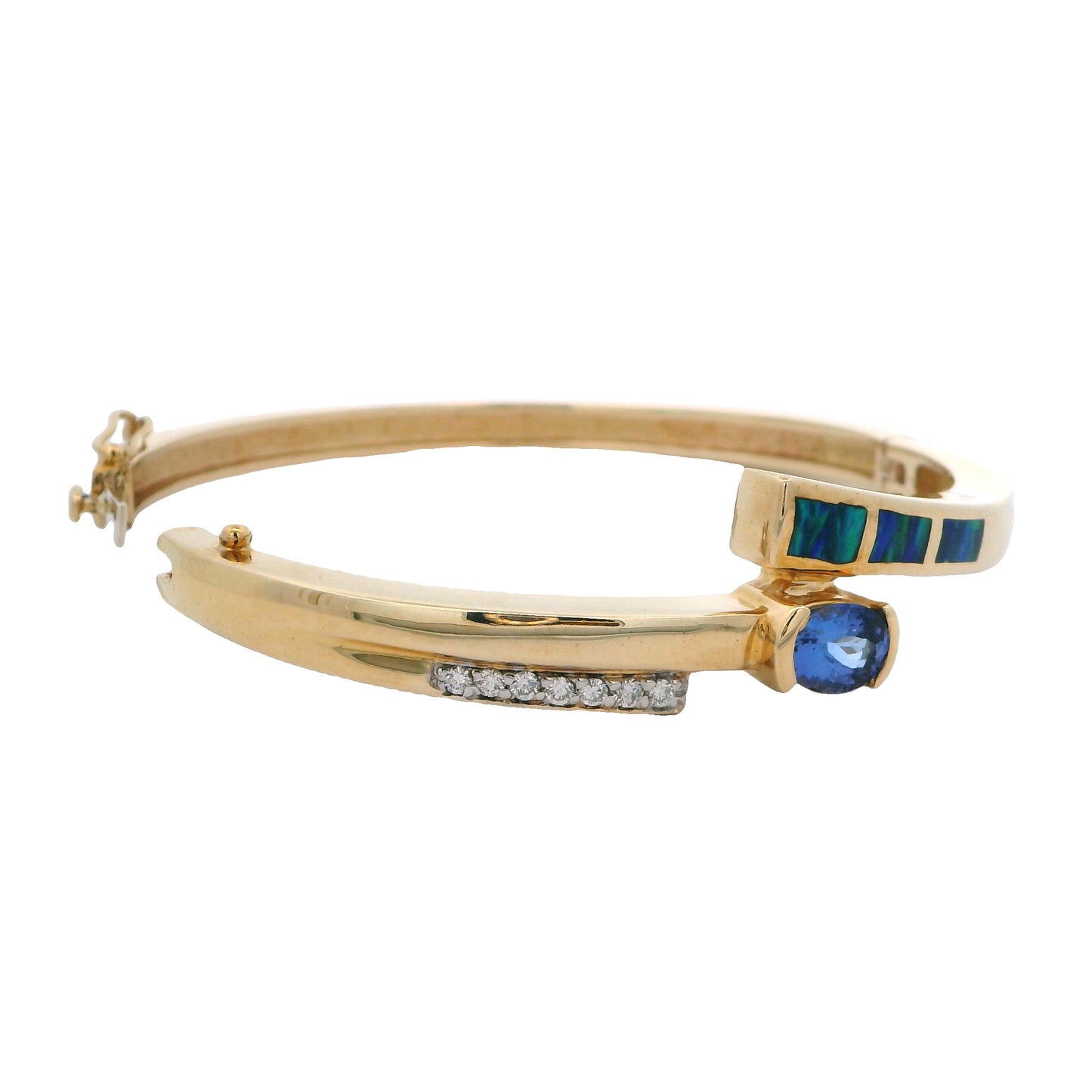 Estate Collection 14K Yellow Gold Diamond, Opal & Tanzanite Hinged Bangle