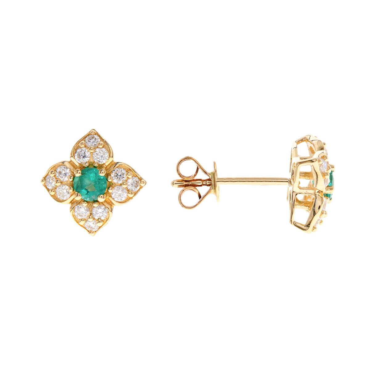 14K Emerald & Diamond Quatrefoil Earrings