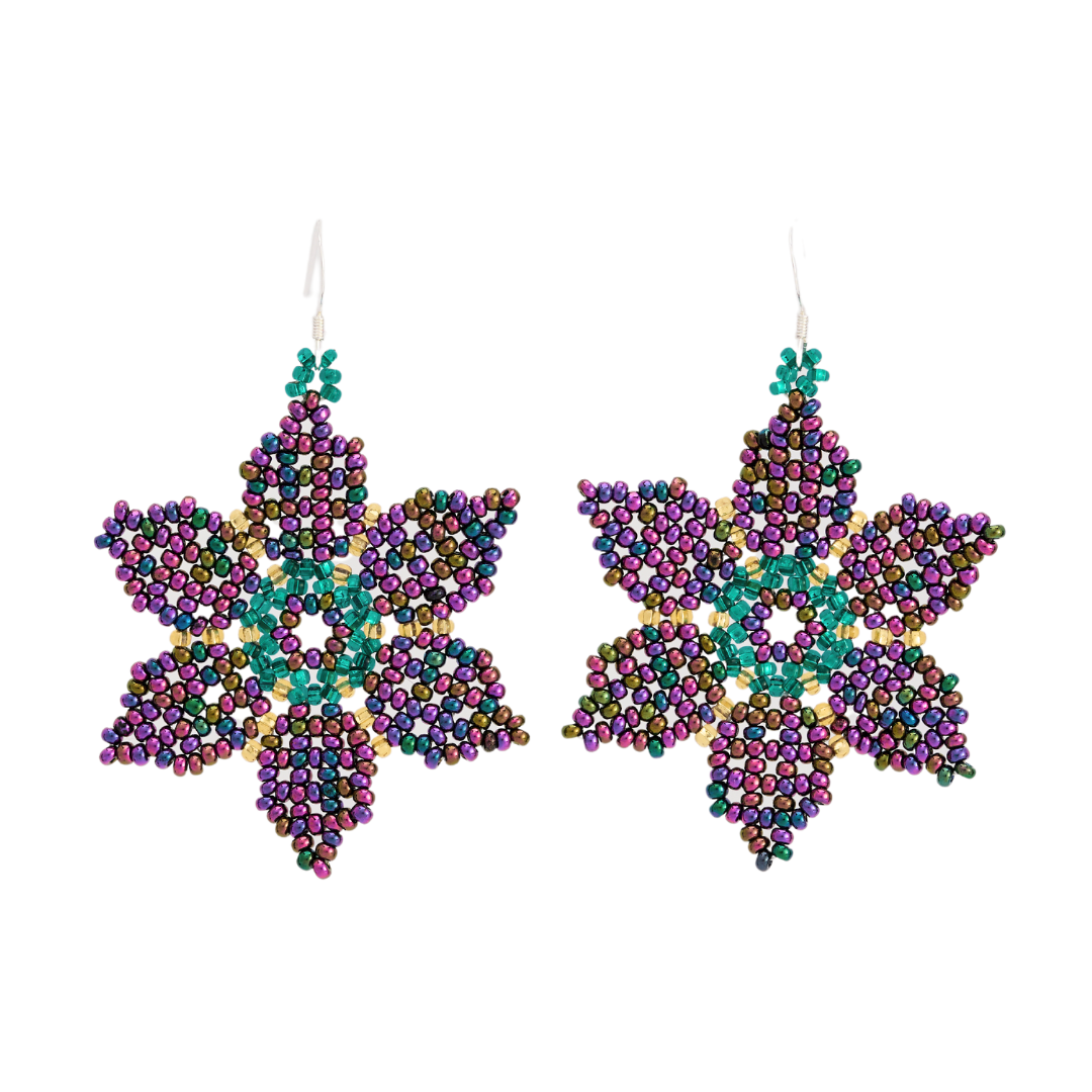 Cristy Cali Mardi Gras Purple Flowers Guatemalan Beaded Earrings