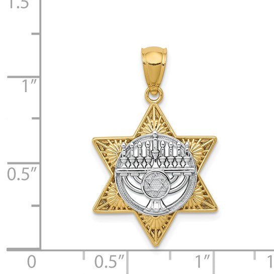 14K Two-Tone Gold Star Of David and Menorah Pendant