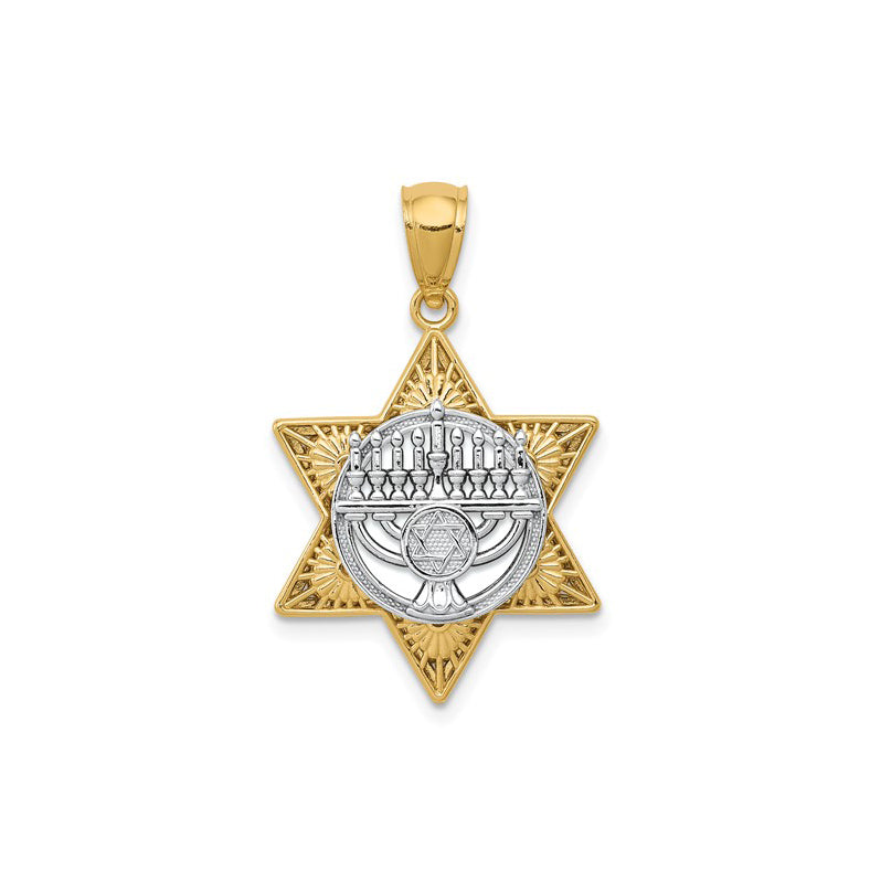 14K Two-Tone Gold Star Of David and Menorah Pendant