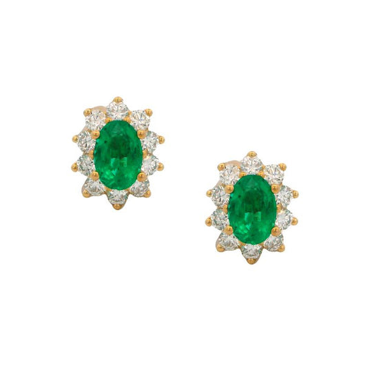 18K Yellow Gold Oval Emerald & Diamond Post Earrings