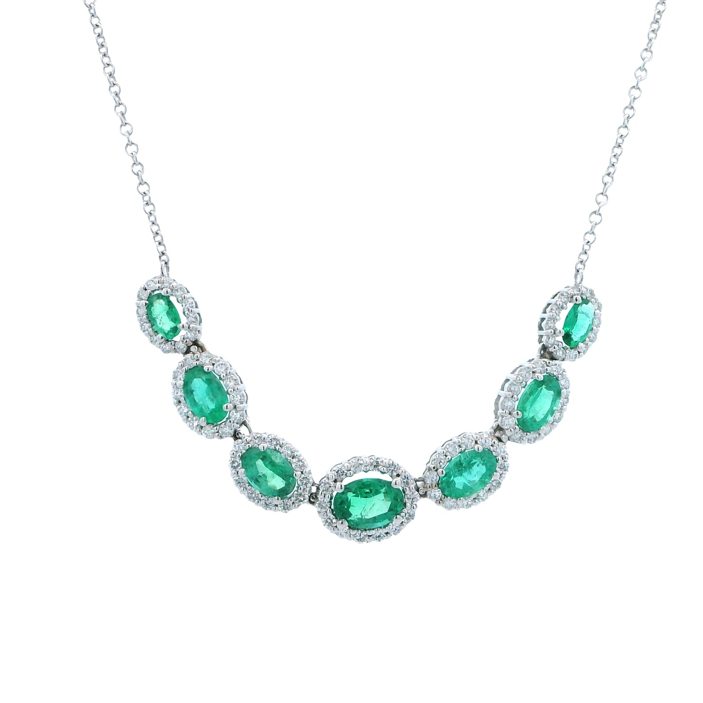 18k White Gold Oval Emerald & Diamond Halo Necklace