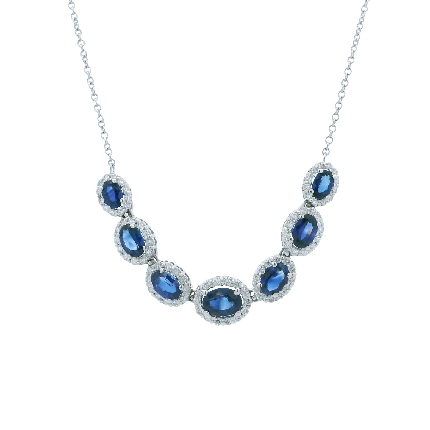 18k White Gold Oval Sapphire & Diamond Halo Necklace