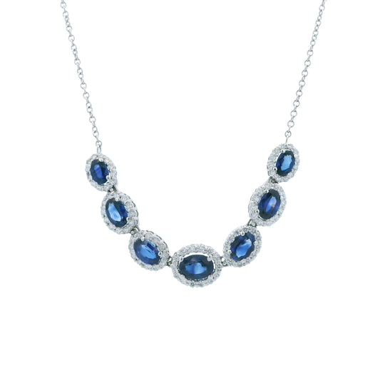 18k White Gold Oval Sapphire & Diamond Halo Necklace
