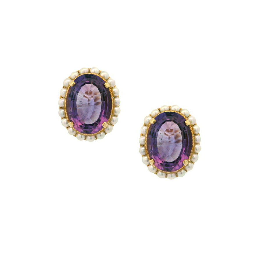 Estate Collection Oval Amethyst & Seed Pearl Earrings