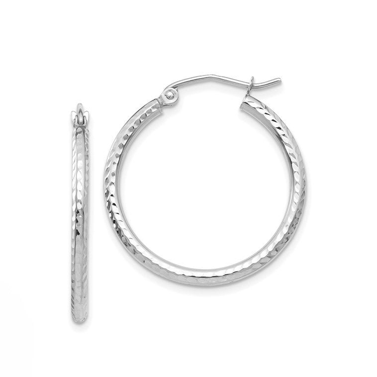 14k White Gold 25mm Diamond Cut Round Hoop Earrings