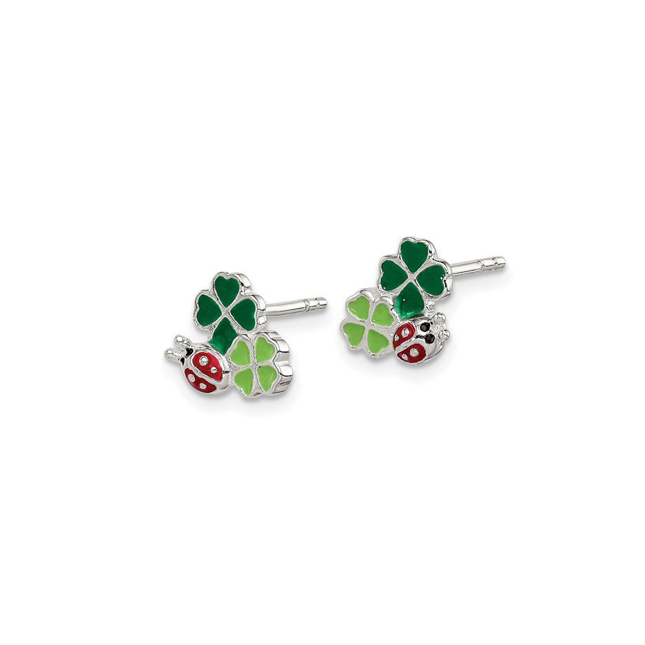Sterling Silver Petite Enameled Ladybug & Clovers Earrings