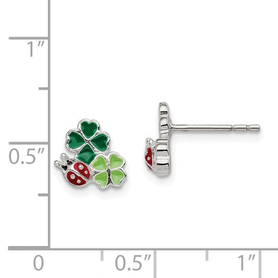 Sterling Silver Petite Enameled Ladybug & Clovers Earrings