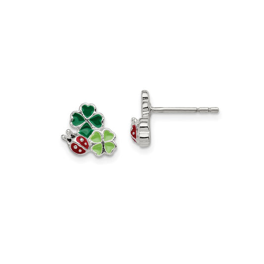 Sterling Silver Petite Enameled Ladybug & Clovers Earrings