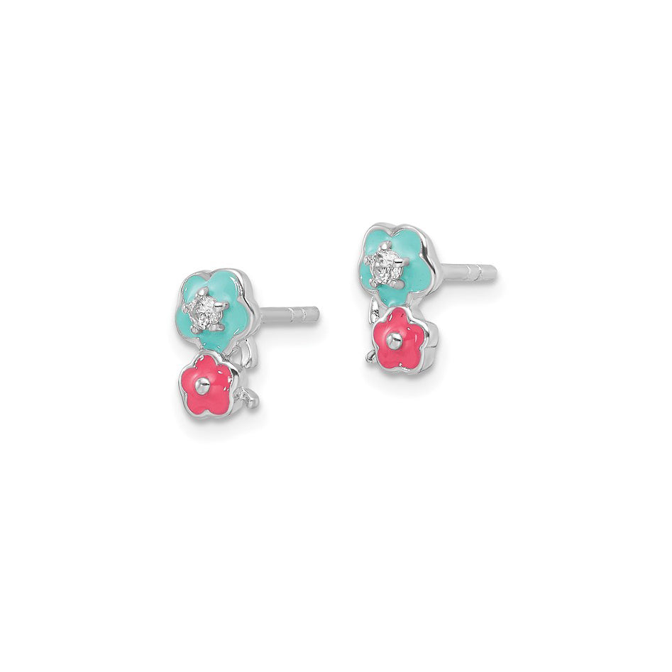 Sterling Silver Petite Enameled Flower CZ Post Earrings