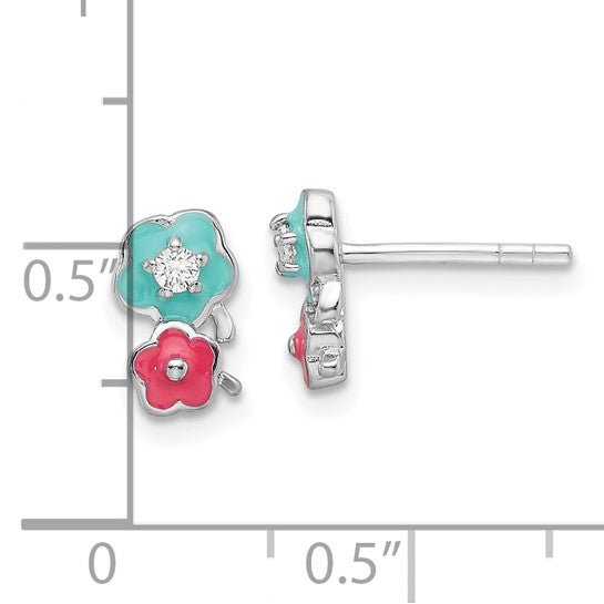 Sterling Silver Petite Enameled Flower CZ Post Earrings