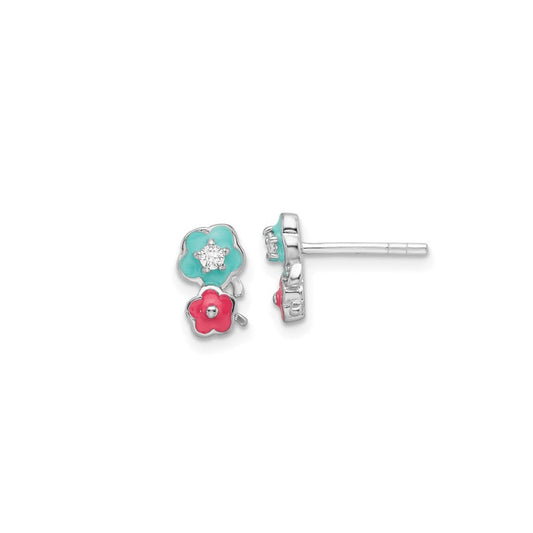 Sterling Silver Petite Enameled Flower CZ Post Earrings