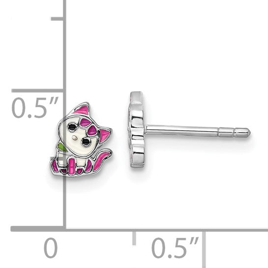 Sterling Silver Petite Enameled Kitty Earrings