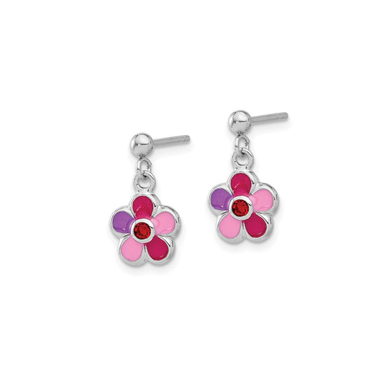 Sterling Silver Petite Enameled Dangling Flower Earrings