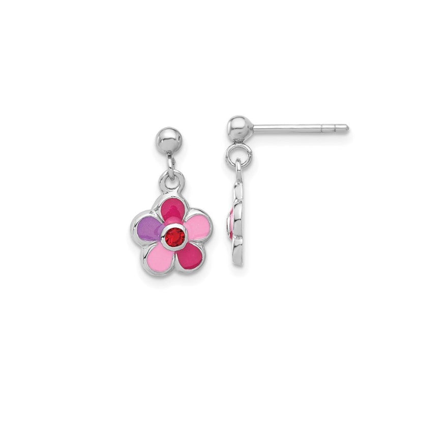 Sterling Silver Petite Enameled Dangling Flower Earrings