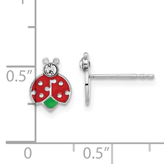 Sterling Silver Petite Enameled Ladybug & Crystal Earrings