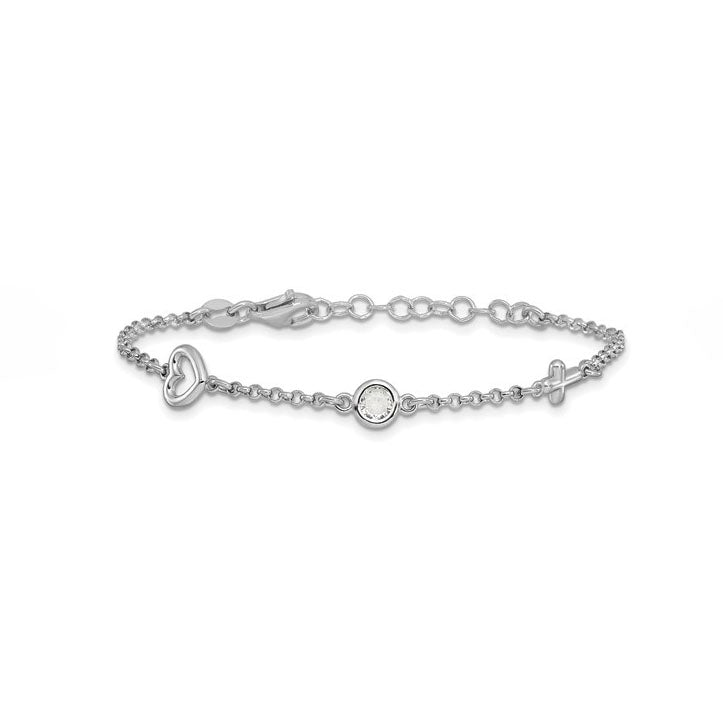 Sterling Silver Cross & CZ Heart Children's Bracelet
