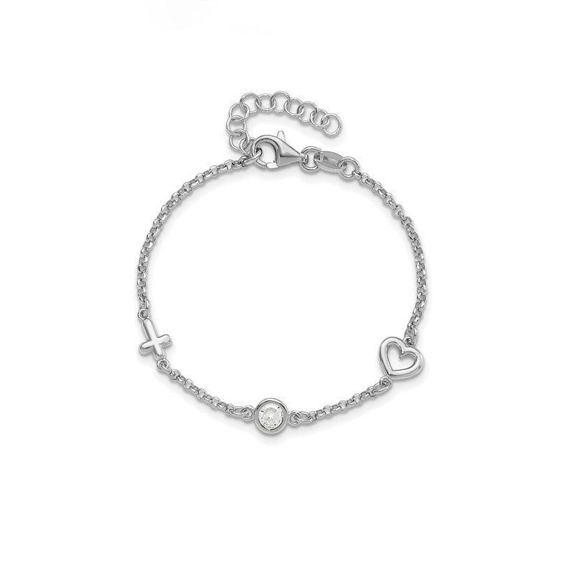 Sterling Silver Cross & CZ Heart Children's Bracelet